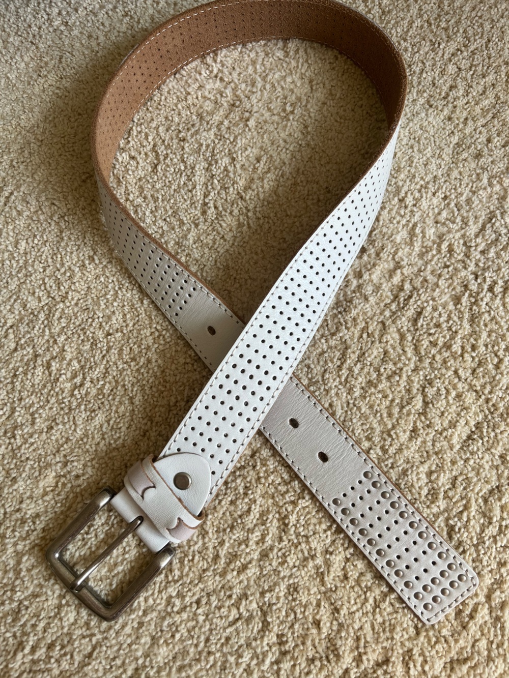 Women's Perforated White Leather Belt with Silver Buckle